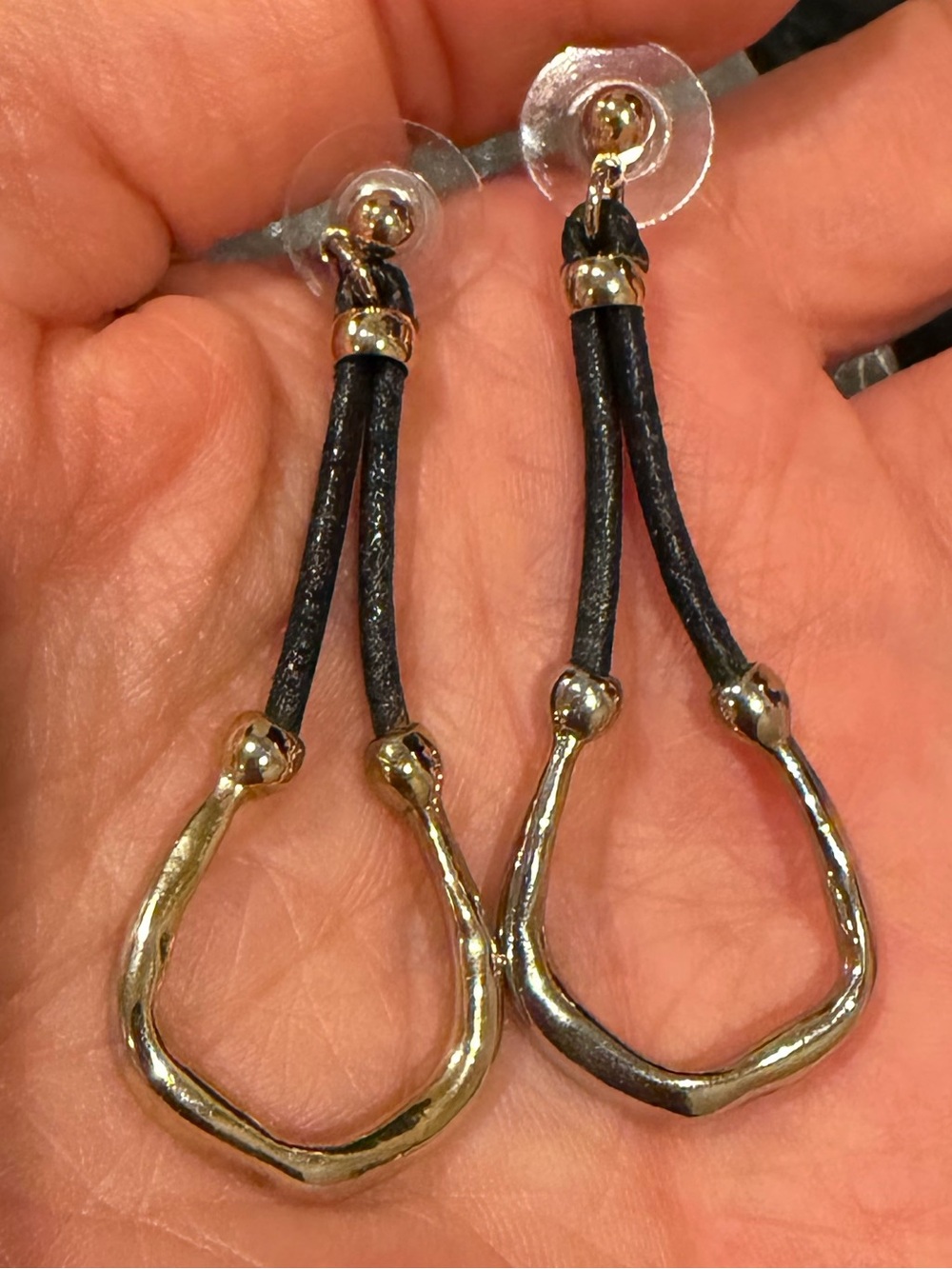 Gold Tone Western Stirrup Drop Earrings with Black Cord